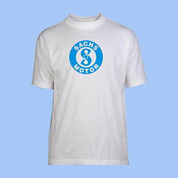 Klassisk T-shirt 100 % bomuld, Sachs, god kvalitet med stort tryk på brystet. Hvid
