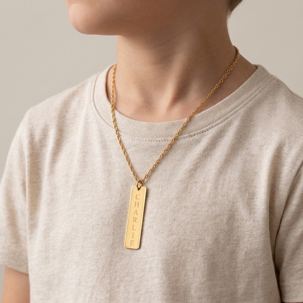 Guld stav, Barn halsband med gravyr - Rostfritt Stål - 3