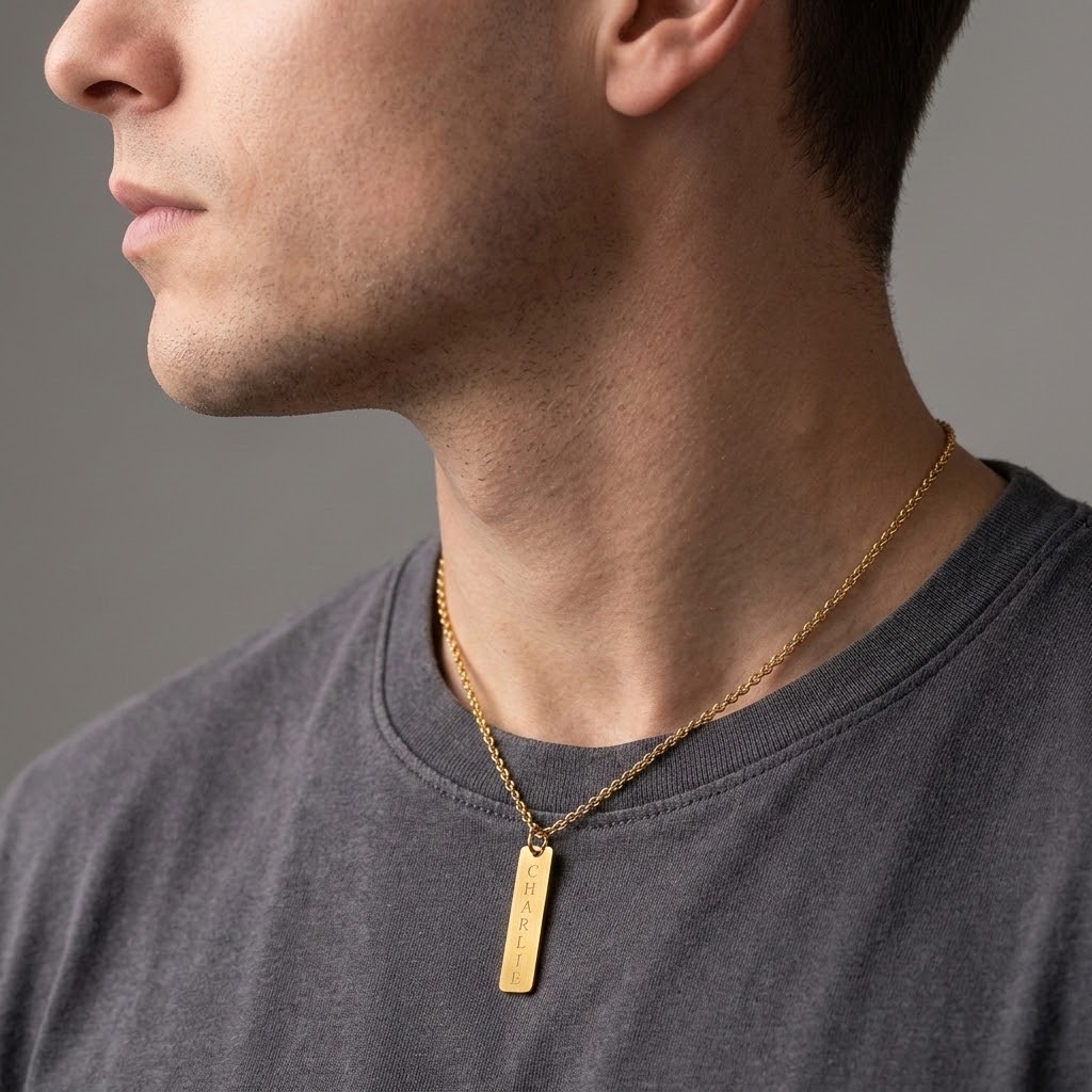 Guld stav, Halsband med gravyr - Rostfritt stål - 3
