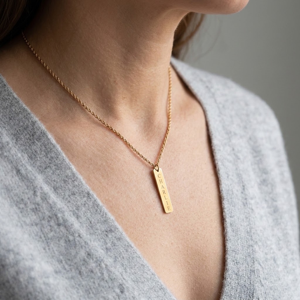 Guld stav, Halsband med gravyr - Rostfritt stål - 4
