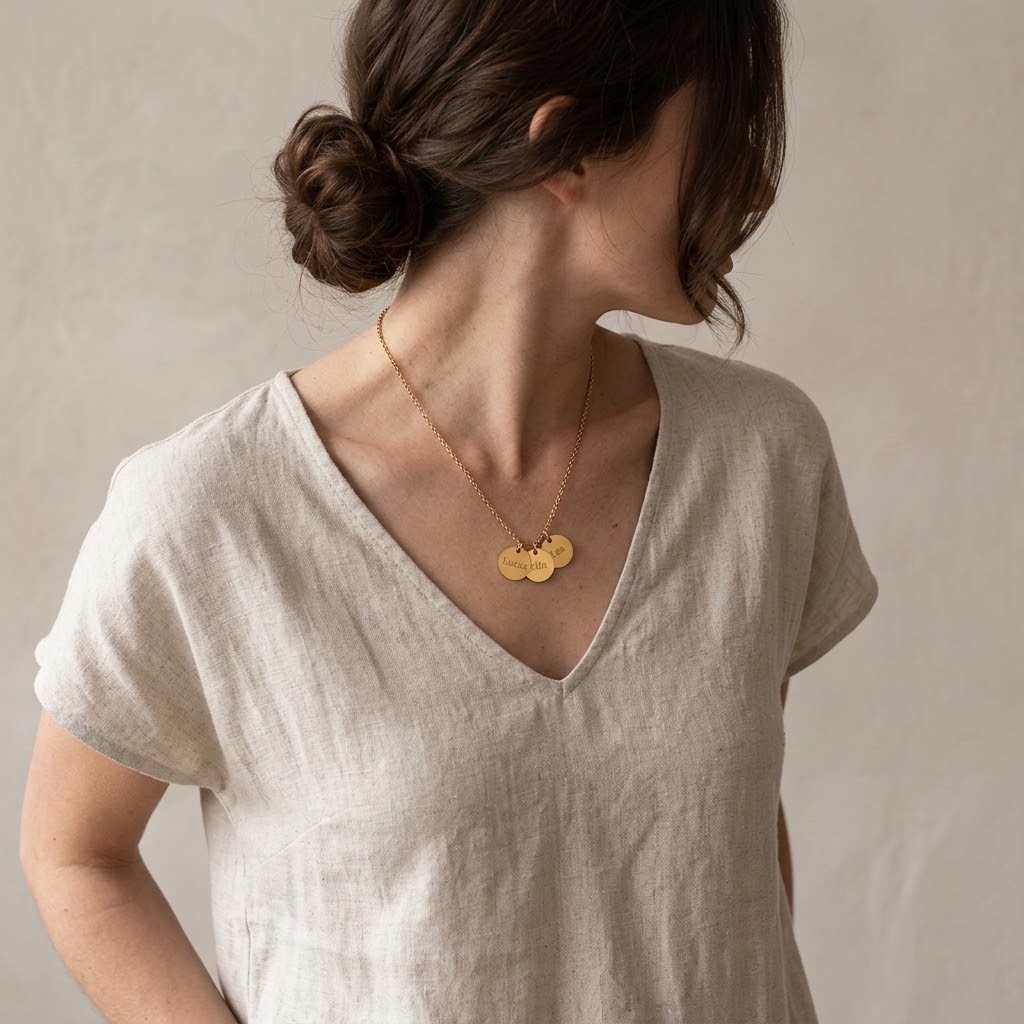  Tre guld coins, Halsband med gravyr - Rostfritt stål - 3