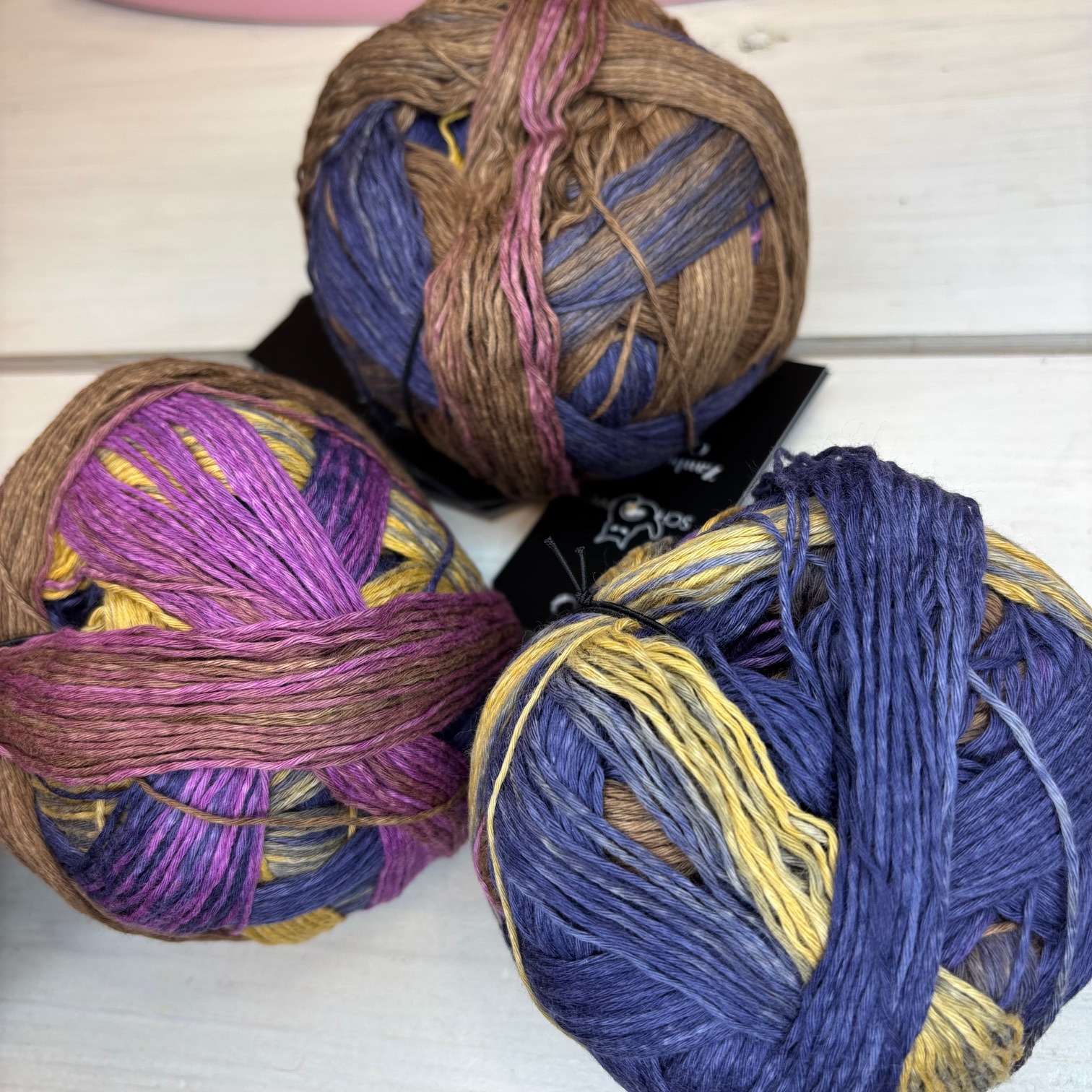 Bomullsgarn Schoppel - Zauberball Cotton blå/Lila/beige - House of Hildur
