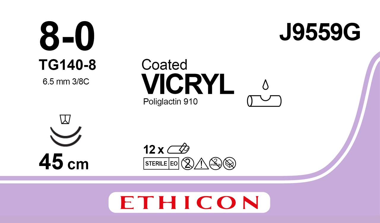 Vicryl suture 8-0, J9559G, 2xTG140-8, 45 cm purple