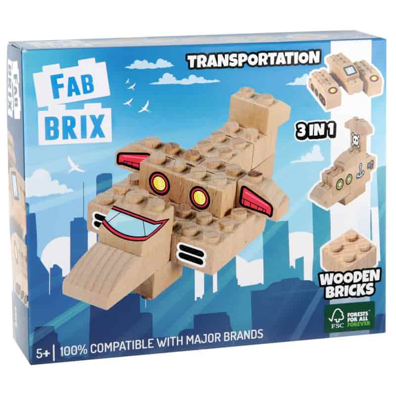 Æske med billede af træbyggeklodser, der ligner Lego
