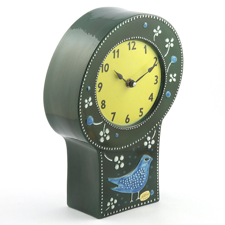 Sylvia Leuchovius (Petra 1950s) Green Pottery Clock with Bird Decor 28 cm 