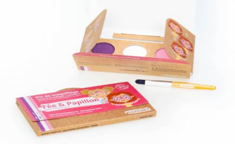Box med tre ansiktsfärger i rosa lila och vitt