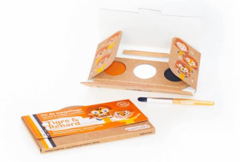 Æske med tre ansigtsfarver orange hvid og sort