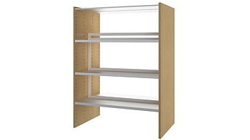 Småland Farge Hylleseksjon Dobbelsidig H:1240 – dobbelsidig bokhylle med fargede gavler, flyttbare hyller i hvitlakkert metall og mulighet for skrå eksponering i bibliotek.