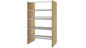 Småland Farge Hylleseksjon Dobbelsidig H:1530 – dobbelsidig bokhylle med fargede gavler, flyttbare hyller i hvitlakkert metall og mulighet for skrå eksponering i bibliotek.