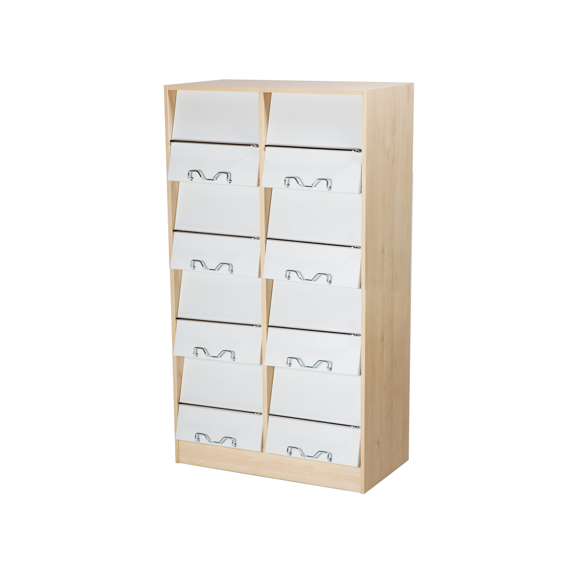 MEGA-MAG Kulör H:1440 – dagstidningshylla med vippluckor för exponering och dold magasinförvaring bakom individuella luckor, med ljusgrå luckor som standard och möjlighet till kulörval, för bibliotek och offentliga miljöer.