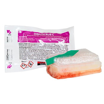 Dispomedic 4 % klorhexidin tvättsvamp 1-pack bredvid sin sterila förpackning.