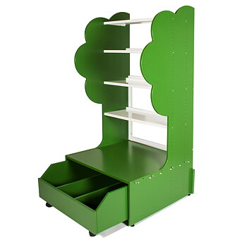 Tre Hylle – treformet MDF-hylle med metallhyller, utbyggbare seksjoner og valgfrie skuffer for lekende bokoppbevaring i barneavdelinger