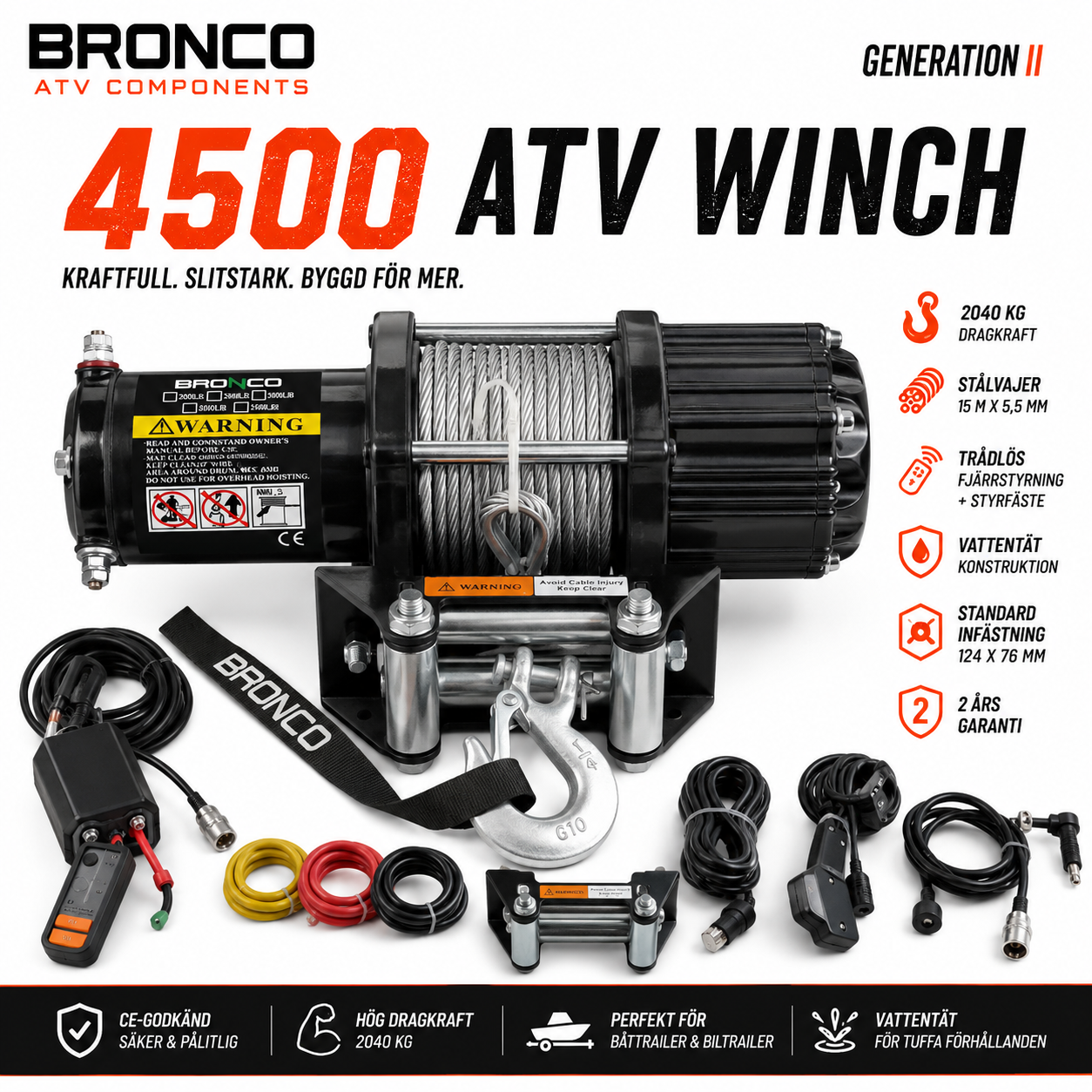 Bronco Generation II 4500 lbs ATV Vinsch med Stålvajer