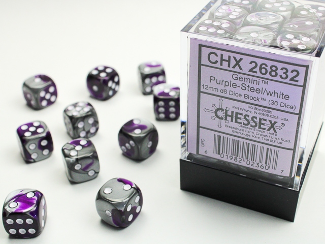 Chessex: Gemini Purple-Steel/White 12mm d6 Dice Block (36 dice)