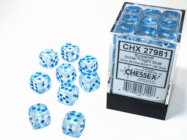 Chessex: Borealis Icicle/Light Blue Luminary 12mm d6 Dice Block (36 dice)