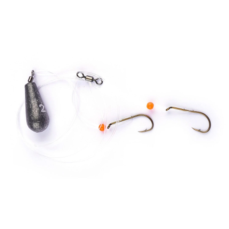 Ready-tied tackle for bottom fishing for perch. Equipped with a lead-free pear shank and two hooks.