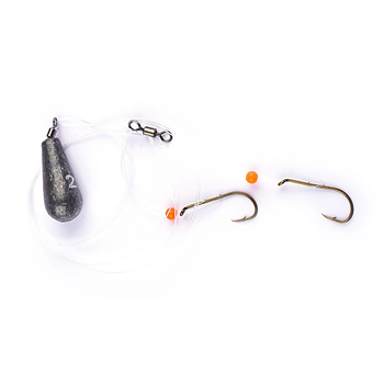 Ready-tied tackle for bottom fishing for perch. Equipped with a lead-free pear shank and two hooks.