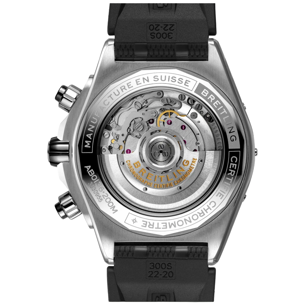 Breitling AB0136251B1S1 Breitling Super Chronomat B01 44 stål svart gummiband baksida