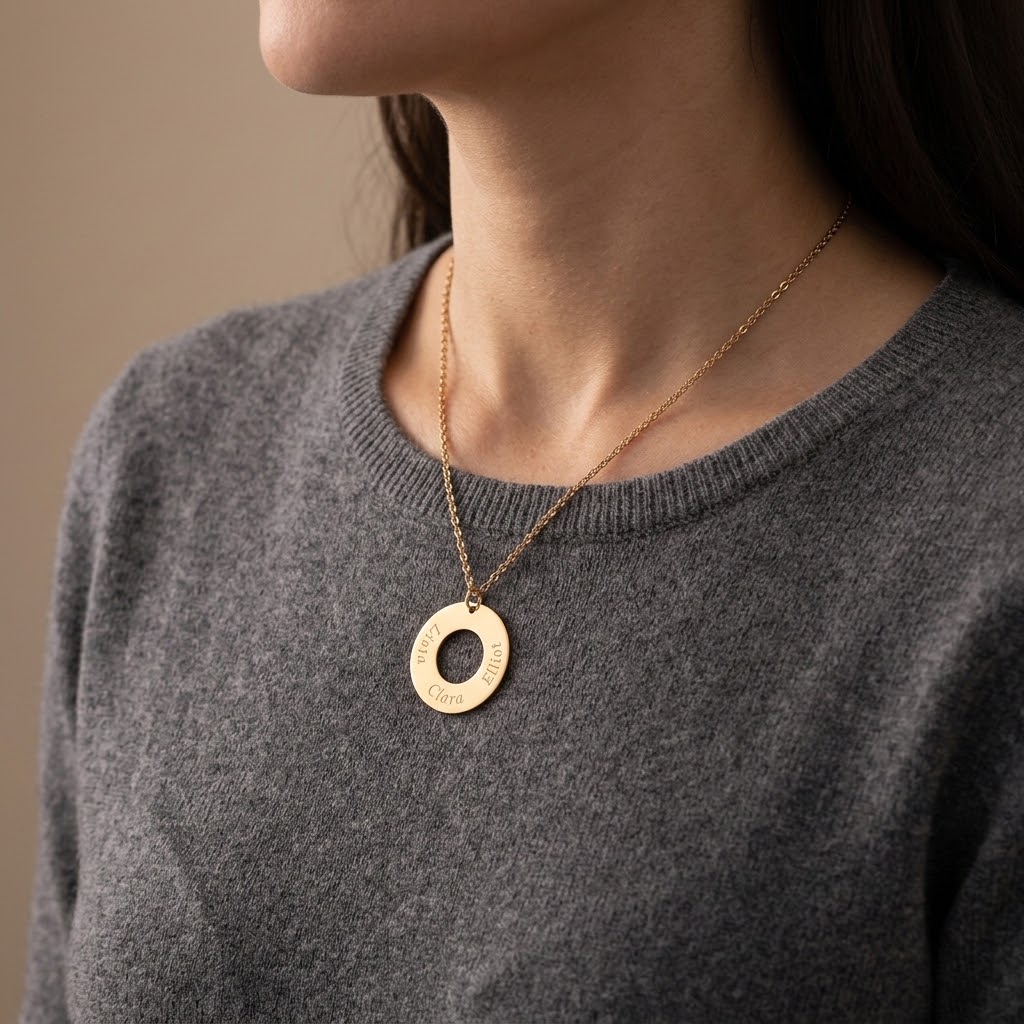  Guld  cirkel, Halsband med gravyr - Rostfritt stål - 4