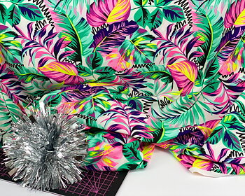 Beautiful green leafs & colourful flowers - swimwear fabric