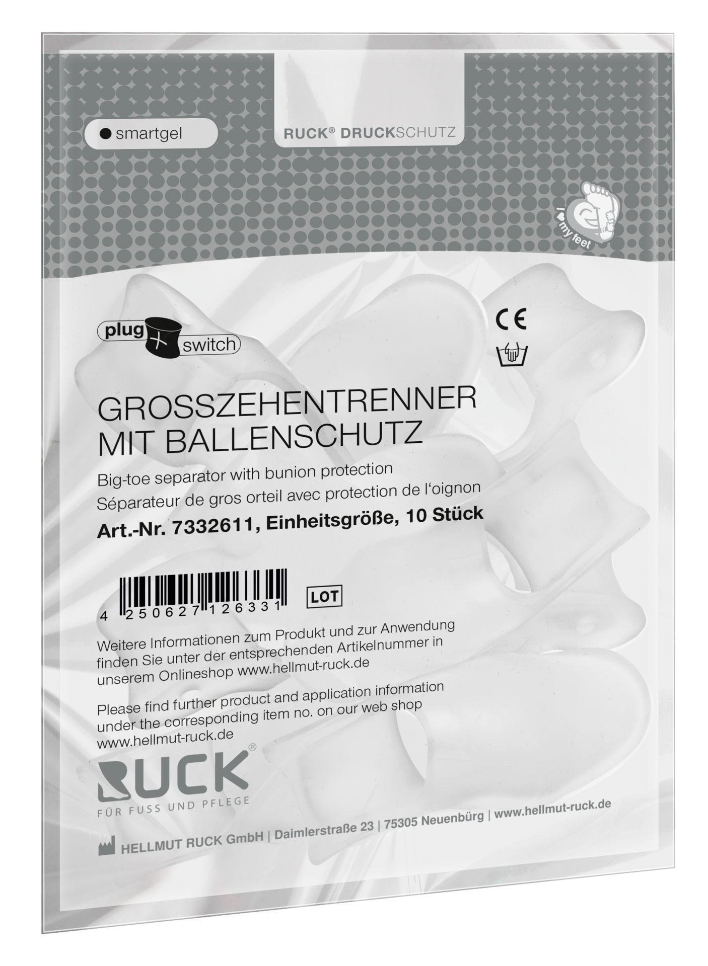RUCK® AVLASTNING Smartgel plug+switch, stortåspridare med Hallux Vallgus-skydd (10 st)