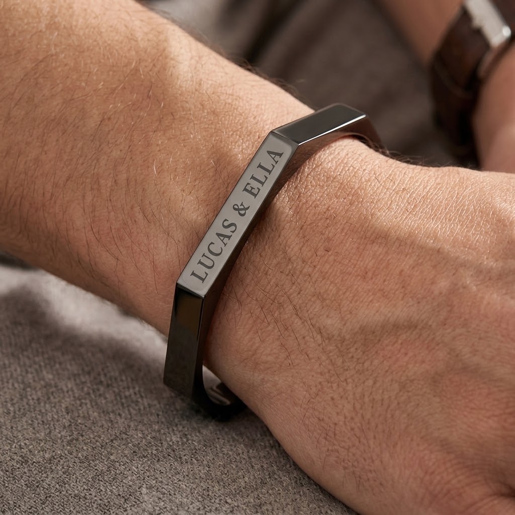 Svart personlig armring med gravyr - Rostfritt stål - 2