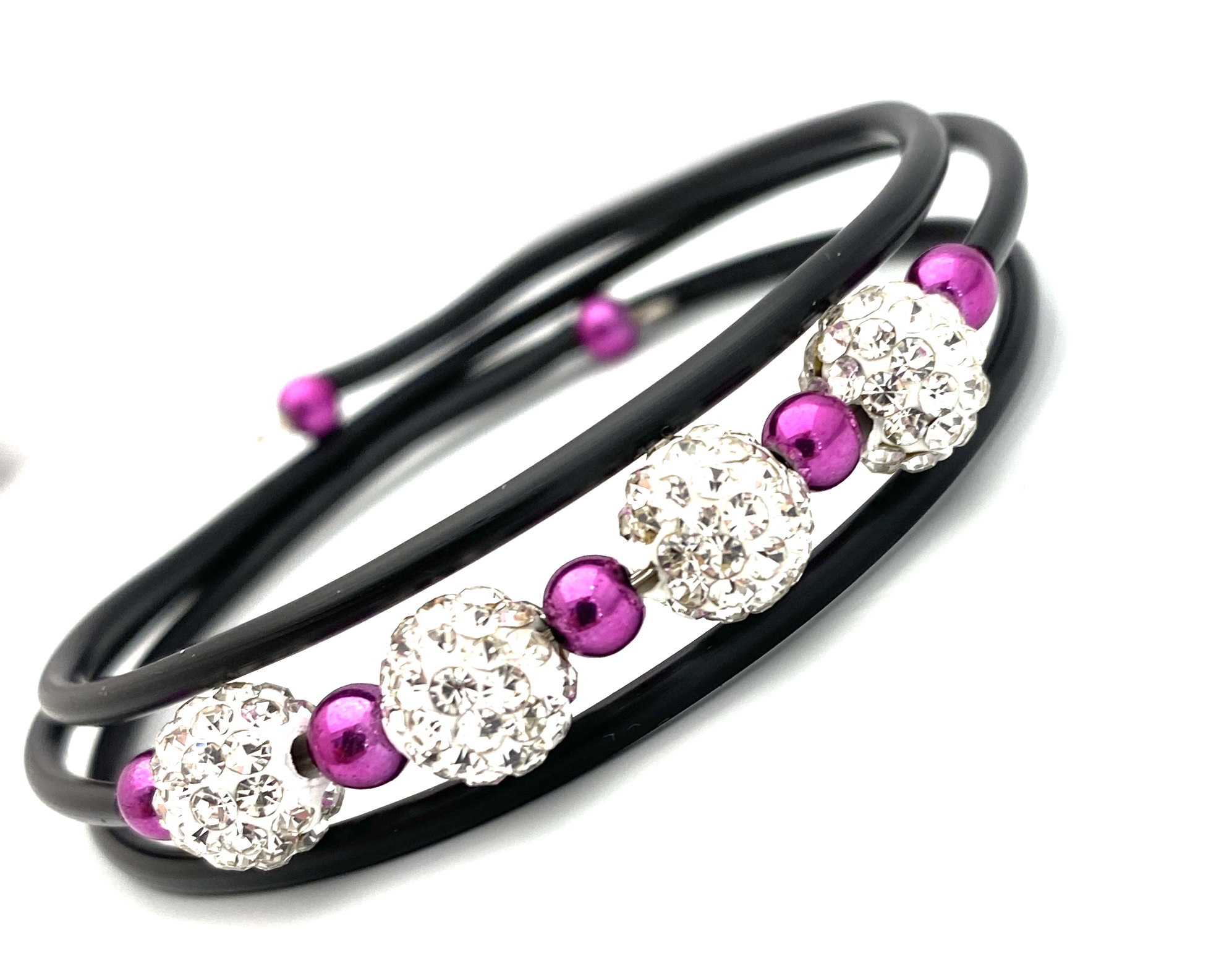 Delicious Pink Bracelet White Swarovski and black rubber