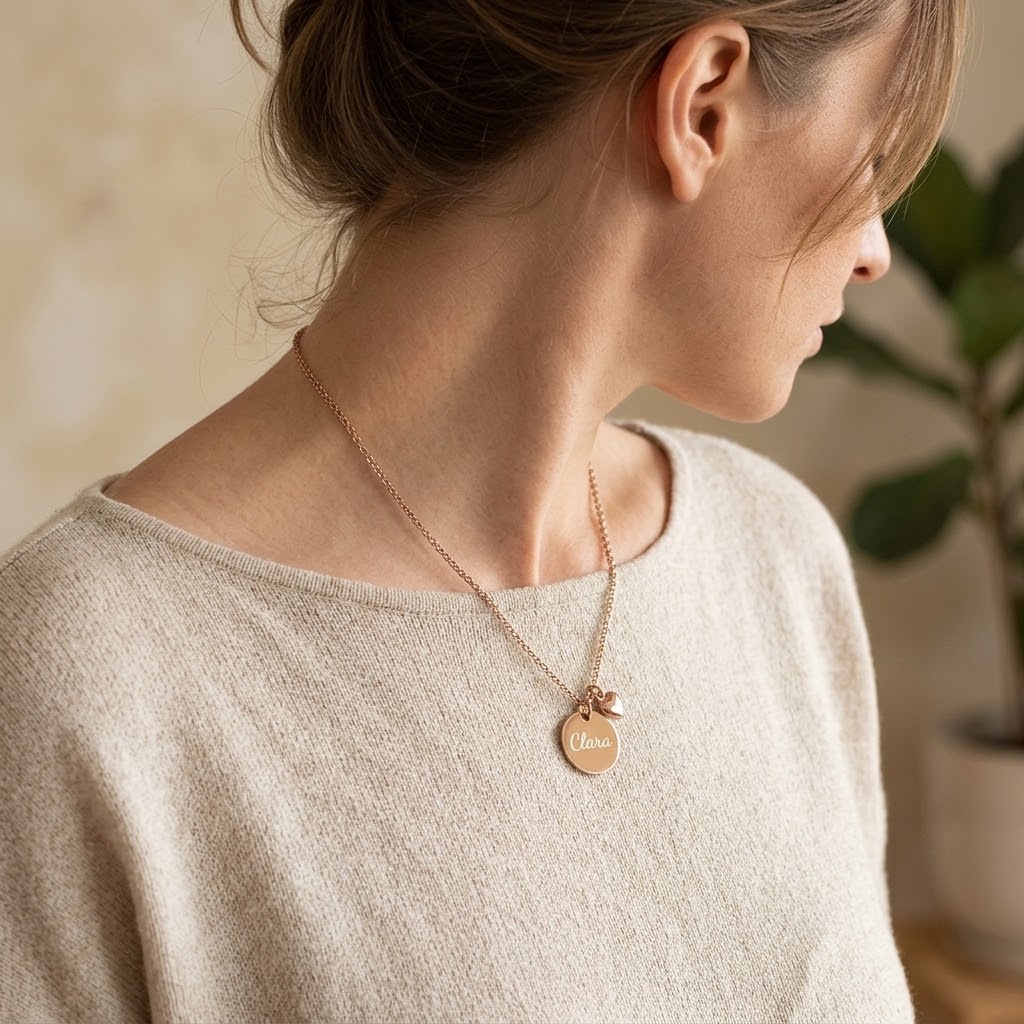 Guld coin med berlock, Halsband med gravyr - Rostfritt stål - 3