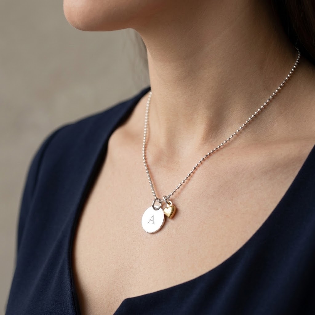 Coin med berlock, Bokstavshalsband med gravyr- Silver - 3