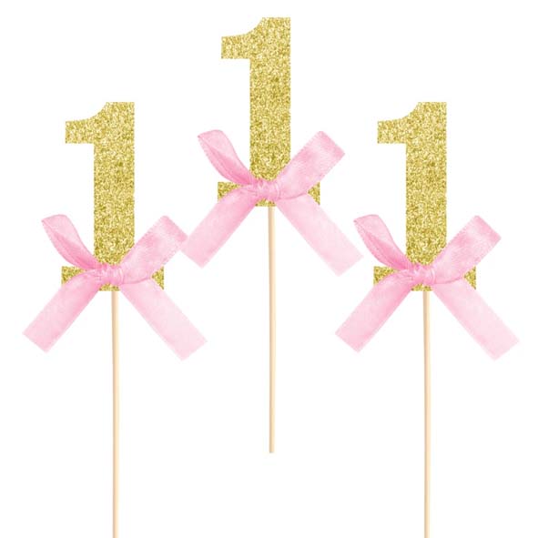 CAKE TOPPER | 6-pack | 1-årskalas | Rosa