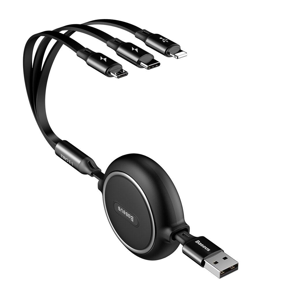 Baseus Golden Loop 3-in-1 Elastisk USB Ladd & Synkkabel, 1,2m, 3.5A - Svart - 2