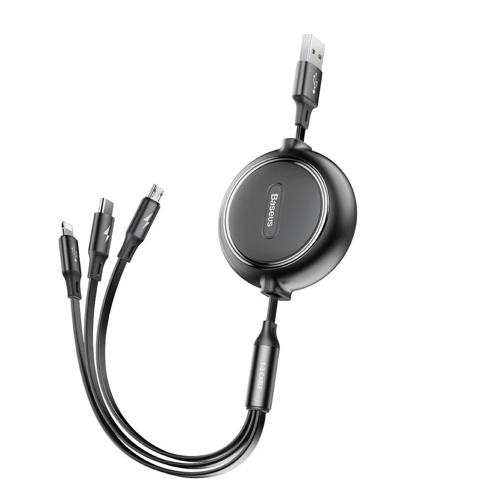 Baseus Golden Loop 3-in-1 Elastisk USB Ladd & Synkkabel, 1,2m, 3.5A - Svart