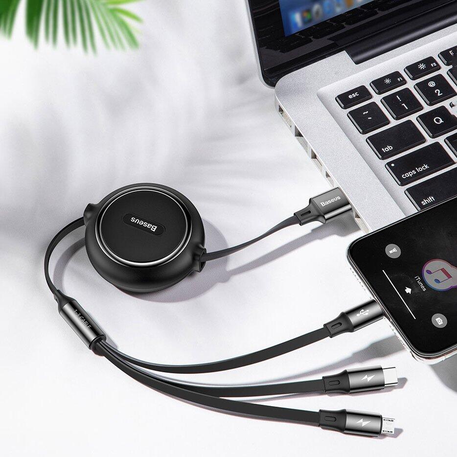 Baseus Golden Loop 3-in-1 Elastisk USB Ladd & Synkkabel, 1,2m, 3.5A - Svart - 4