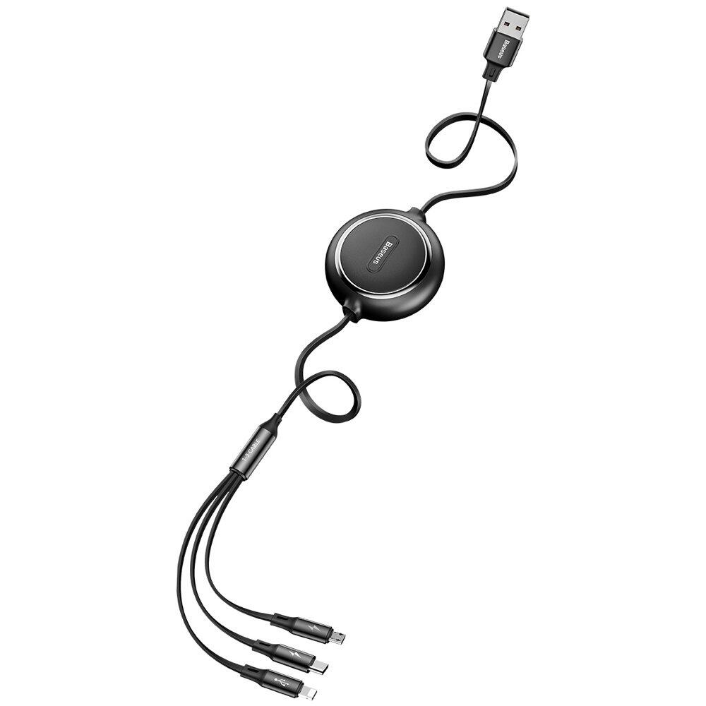 Baseus Golden Loop 3-in-1 Elastisk USB Ladd & Synkkabel, 1,2m, 3.5A - Svart - 3