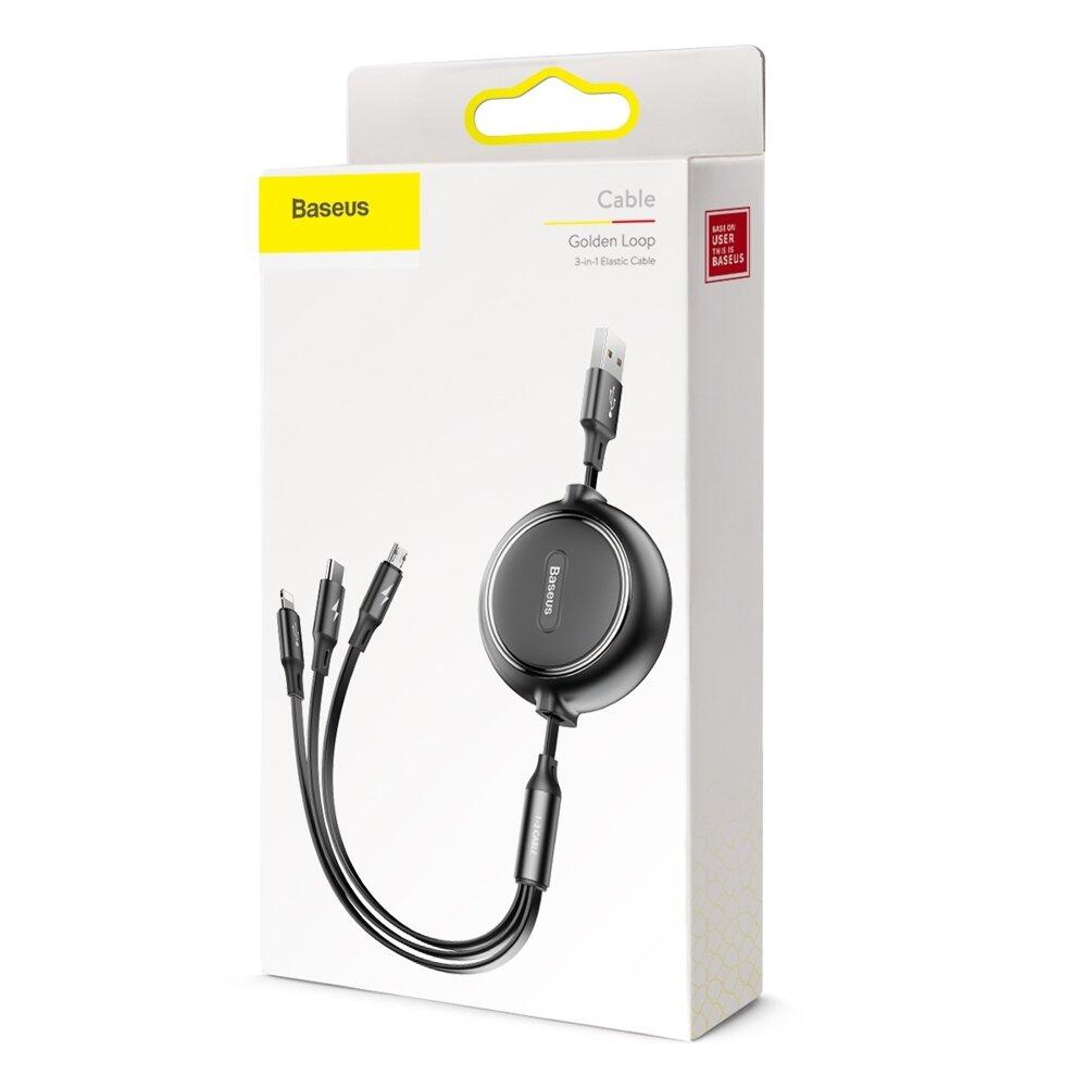 Baseus Golden Loop 3-in-1 Elastisk USB Ladd & Synkkabel, 1,2m, 3.5A - Svart - 5