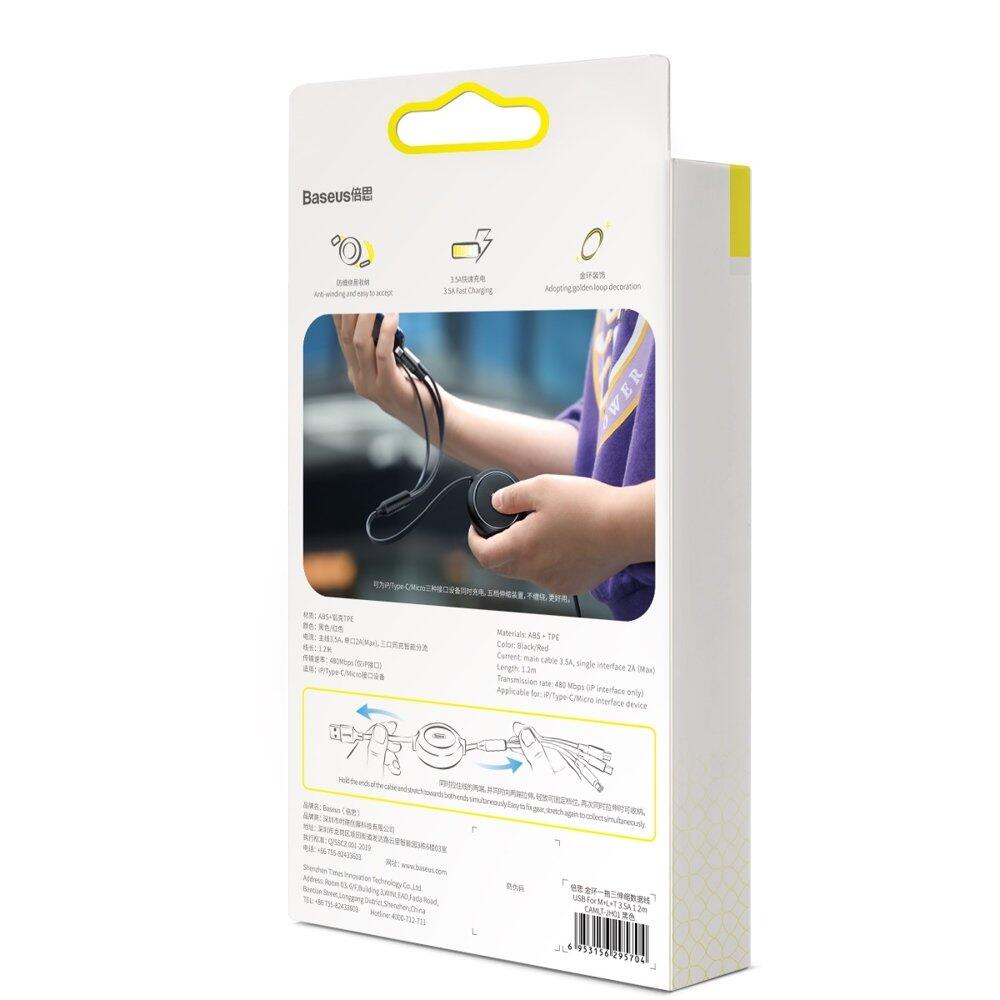 Baseus Golden Loop 3-in-1 Elastisk USB Ladd & Synkkabel, 1,2m, 3.5A - Svart - 6
