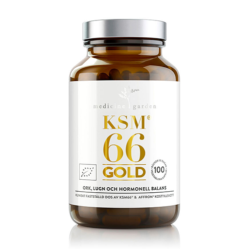 en brun burk i glas med en vit etikett. På etiketten guldtext som säger KSM66 gold