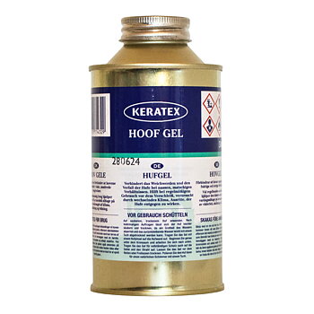 Keratex Hoof Gel 500 ml metallflaska med flerspråkig instruktionsetikett.