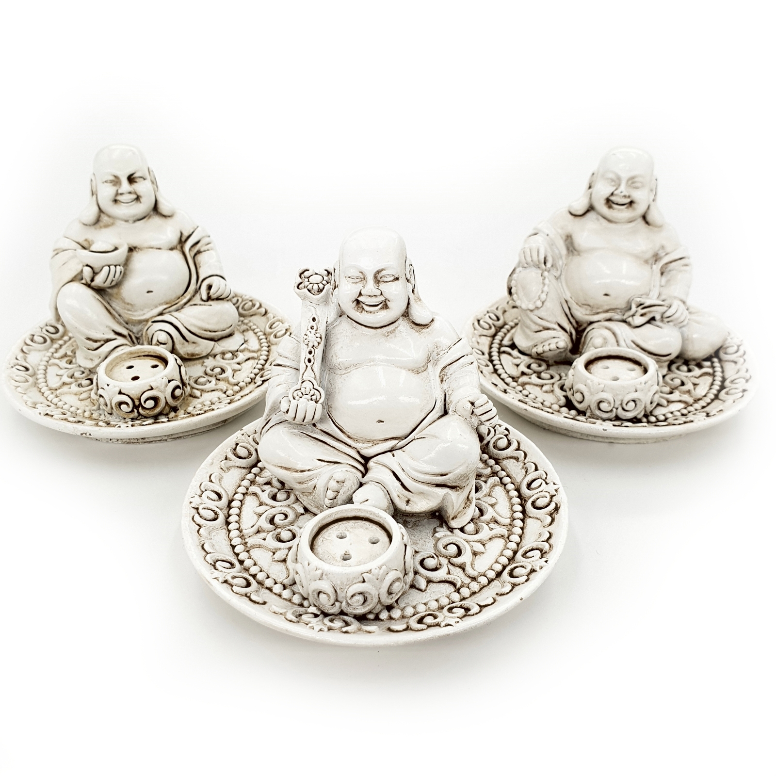 Rökelse Hållare med Glad Buddha, Antik vit