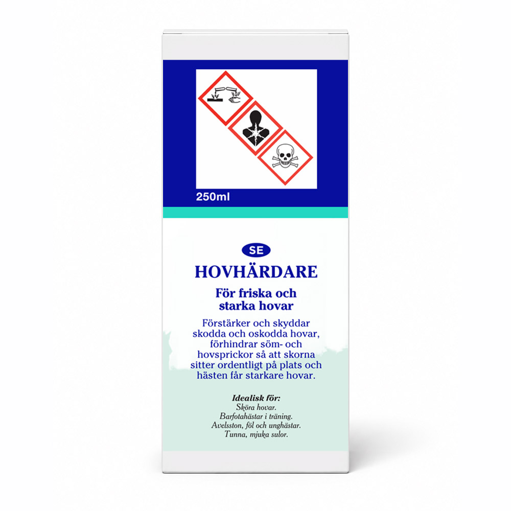 Zijkant van Keratex Hoof Hardener 250 ml doos met gevarensymbolen en tekst.