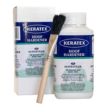 Keratex Hoof Hardener 250 ml flaska och ask med medföljande hovpensel.