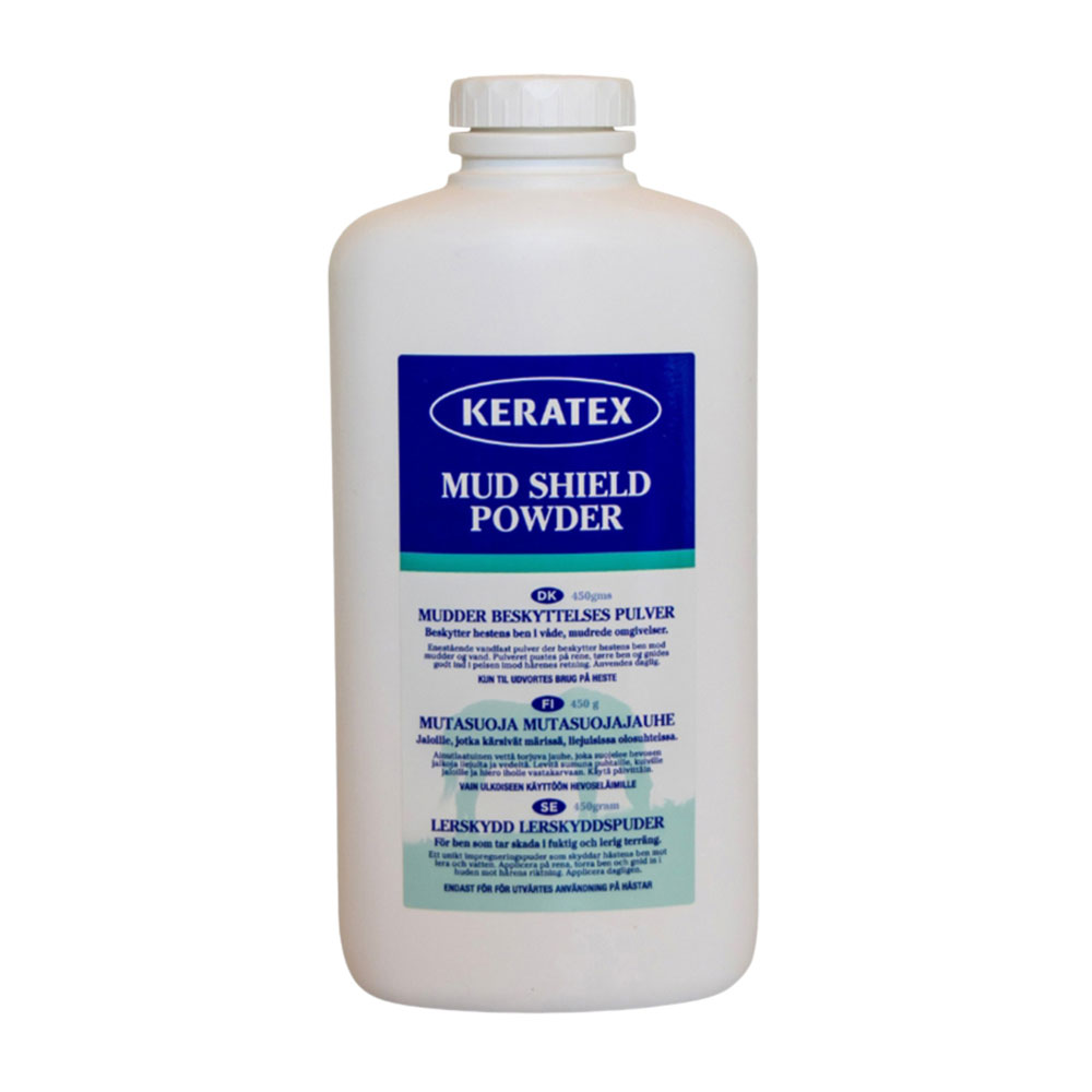 Keratex Mud Shield Powder 454 g flaska med flerspråkig etikett.