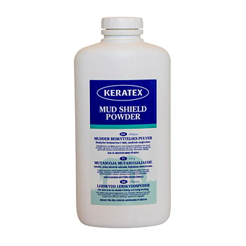 Keratex Mud Shield Powder 454 g flaska med flerspråkig etikett.