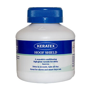 Keratex Hoof Shield 250 ml glanslack på vit bakgrund.