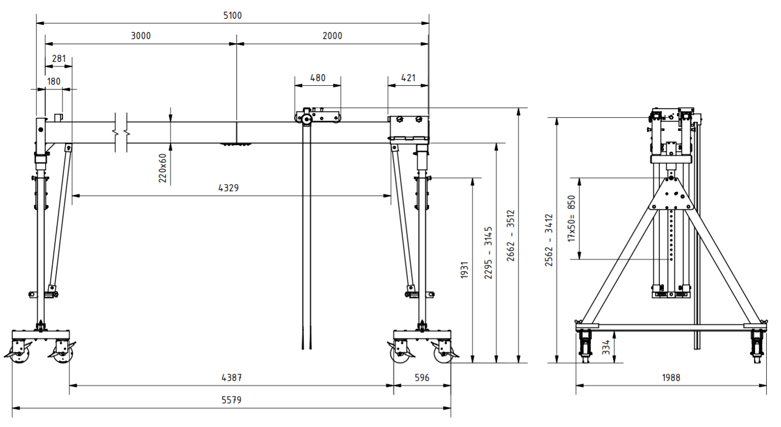 Bockkran 1500 kg Flyttbar i aluminium - 2