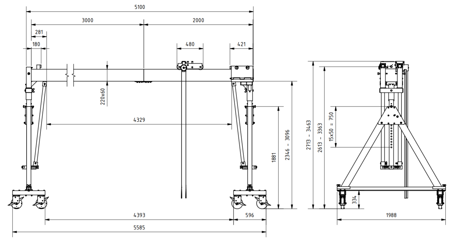 Bockkran 2000 kg Flyttbar i aluminium - 2