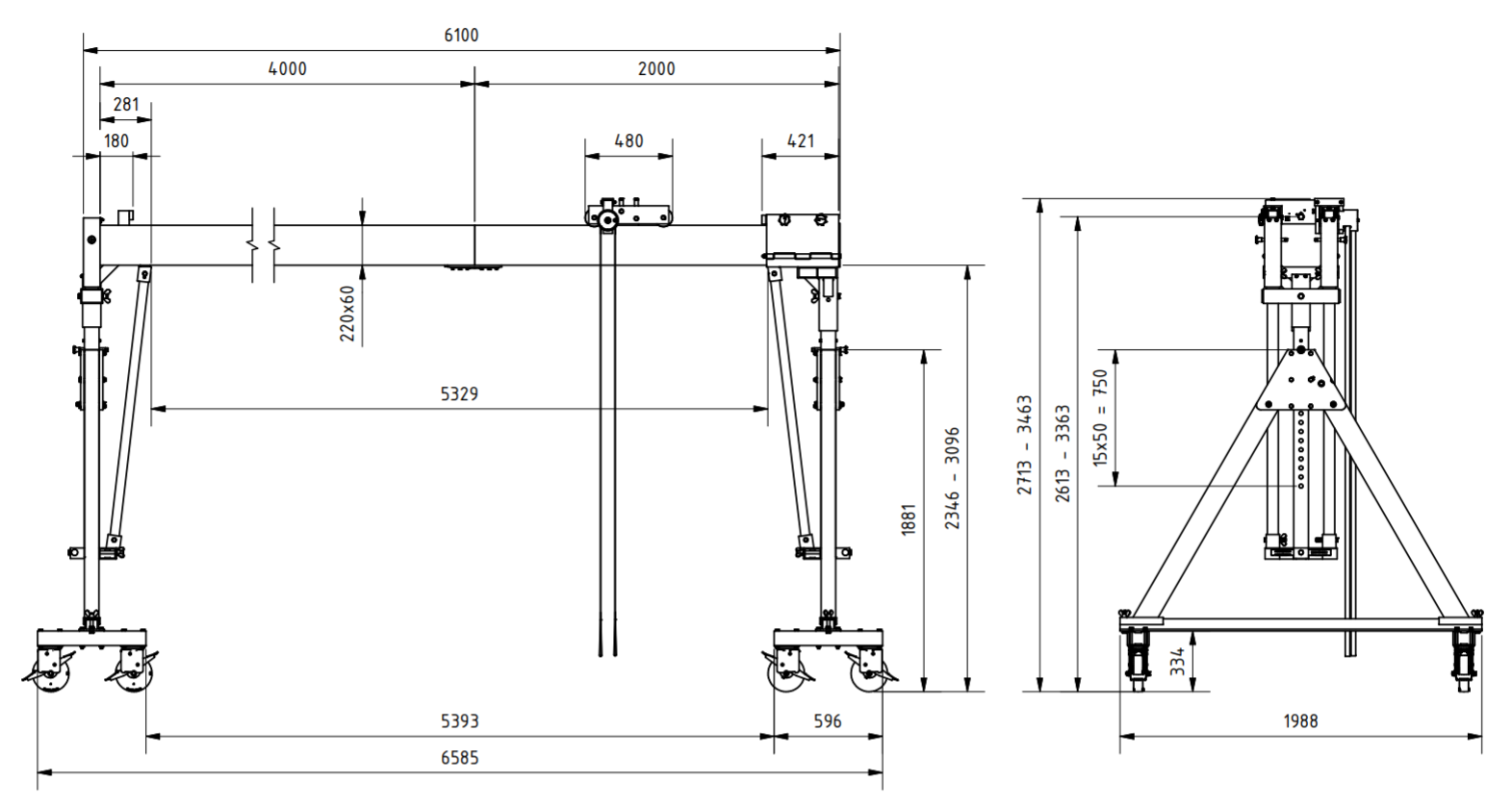 Bockkran 2000 kg Flyttbar i aluminium - 2
