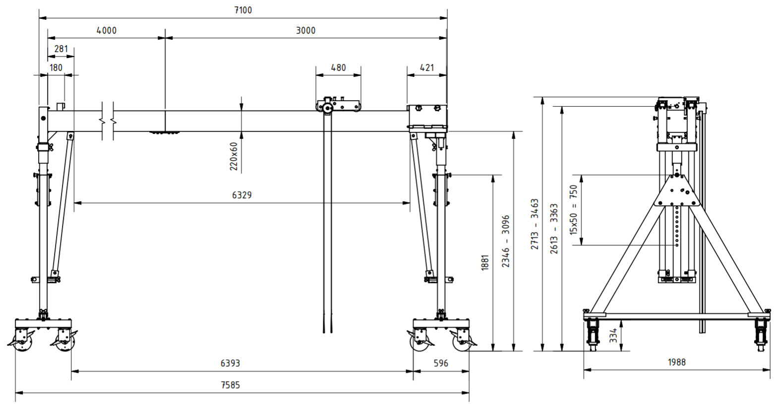 Bockkran 2000 kg Flyttbar i aluminium - 2