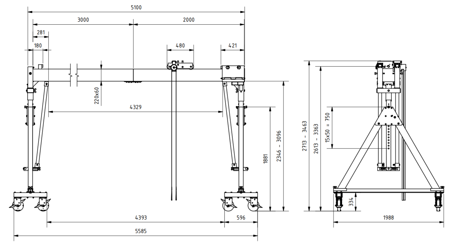 Bockkran 3000 kg Flyttbar i aluminium - 2