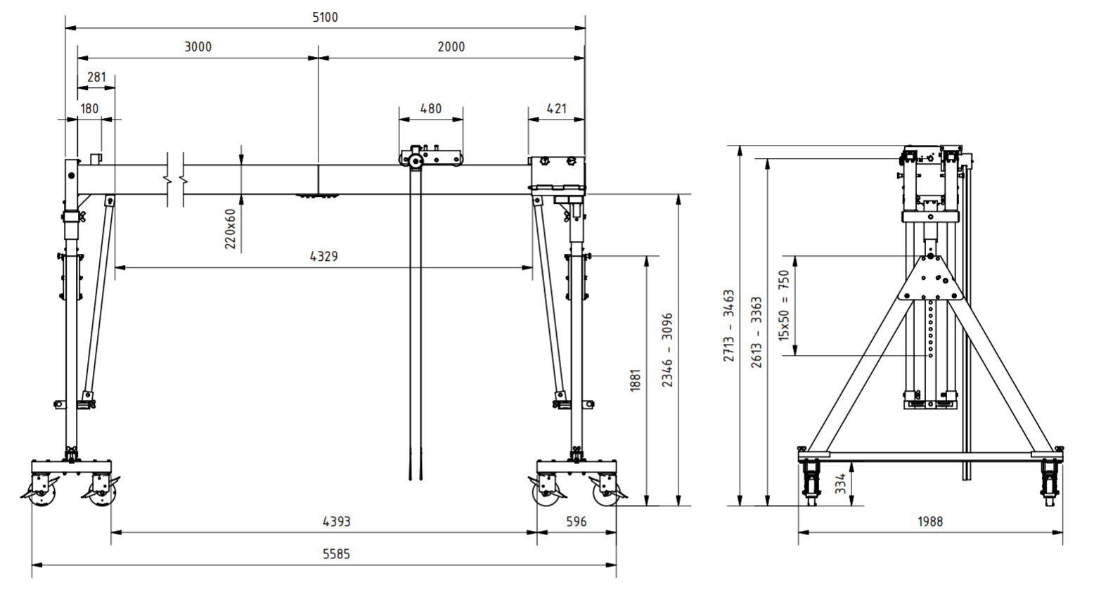 Bockkran 3000 kg Flyttbar i aluminium - 2